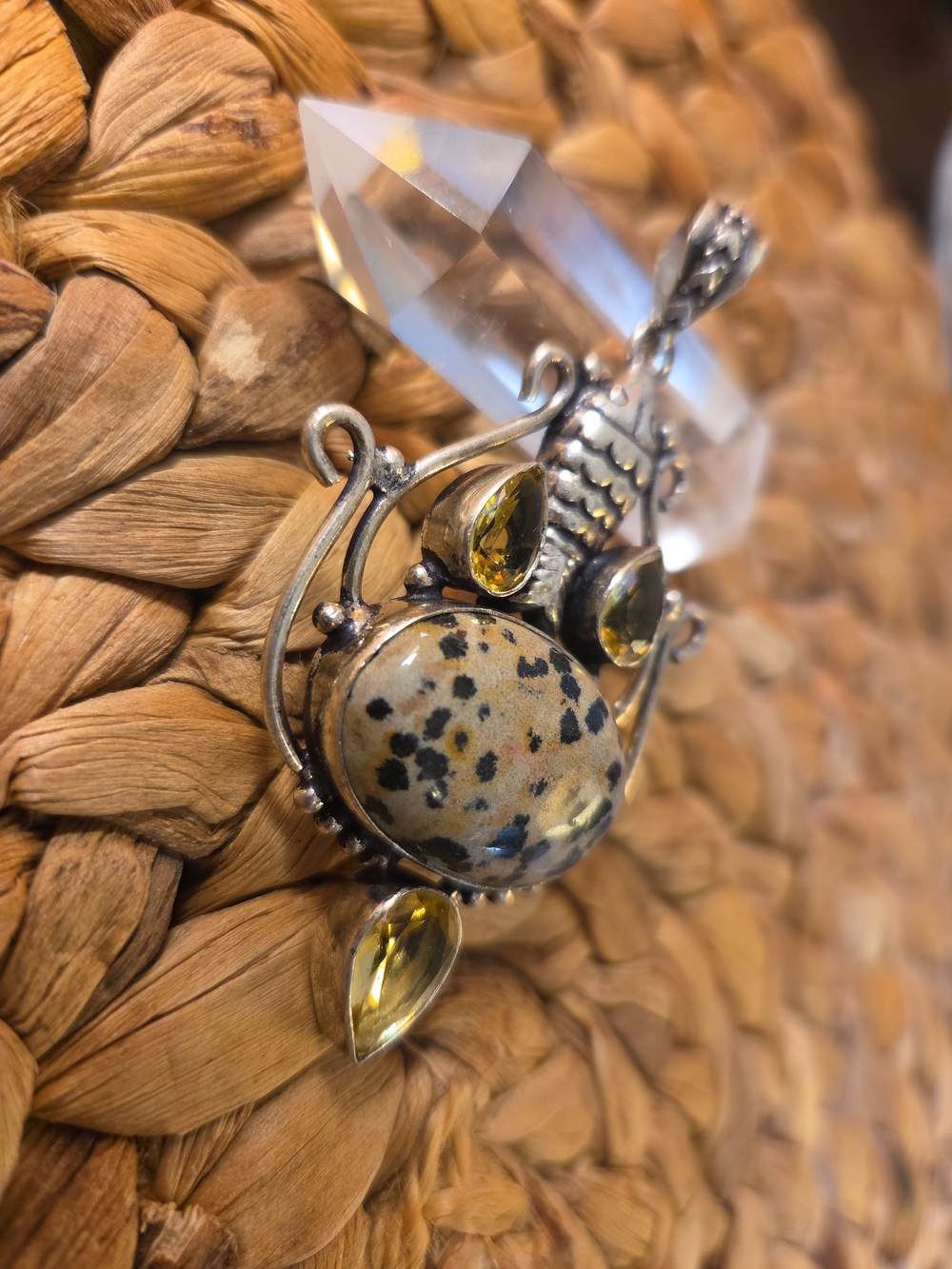 Hand Crafted Dalmatian Jasper and Yellow Citrine Gemstones Owl Pendant
